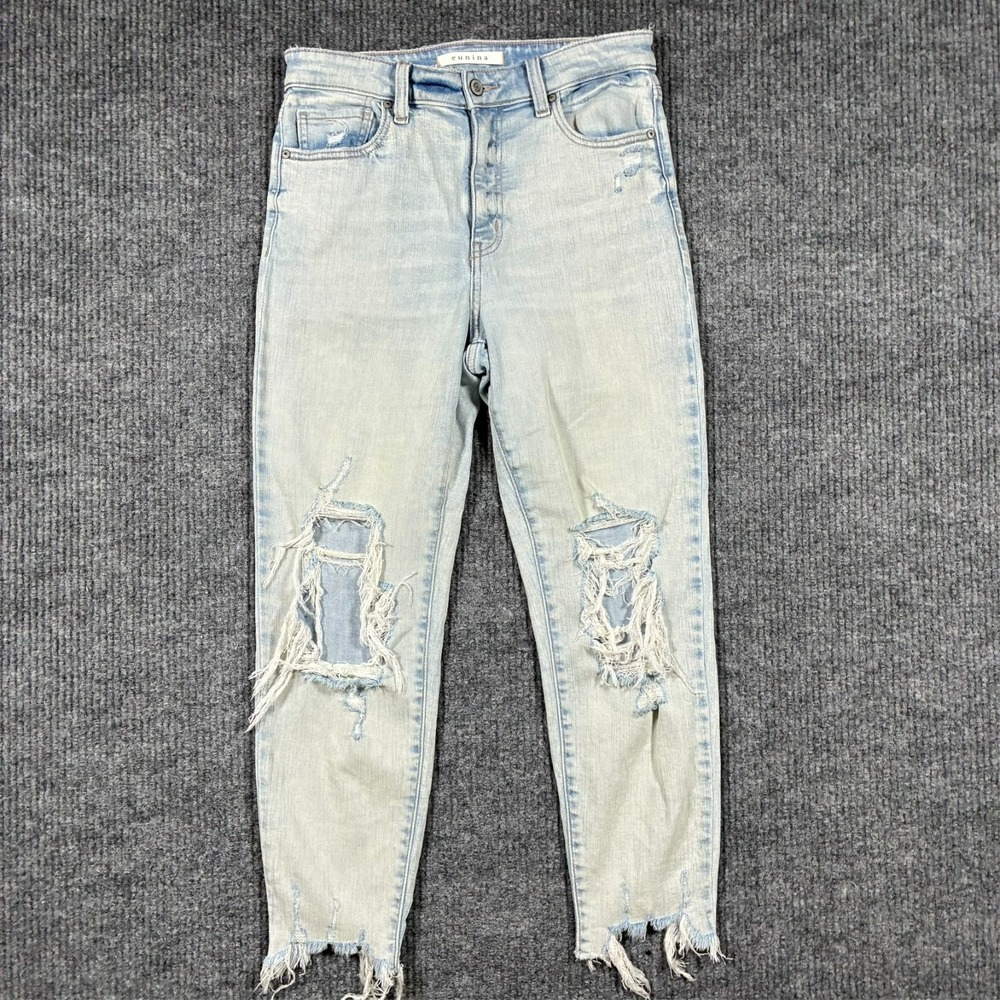Eunina Tobi Womens Super High Rise Mom Jeans Size 7 Distressed Crop Light Denim